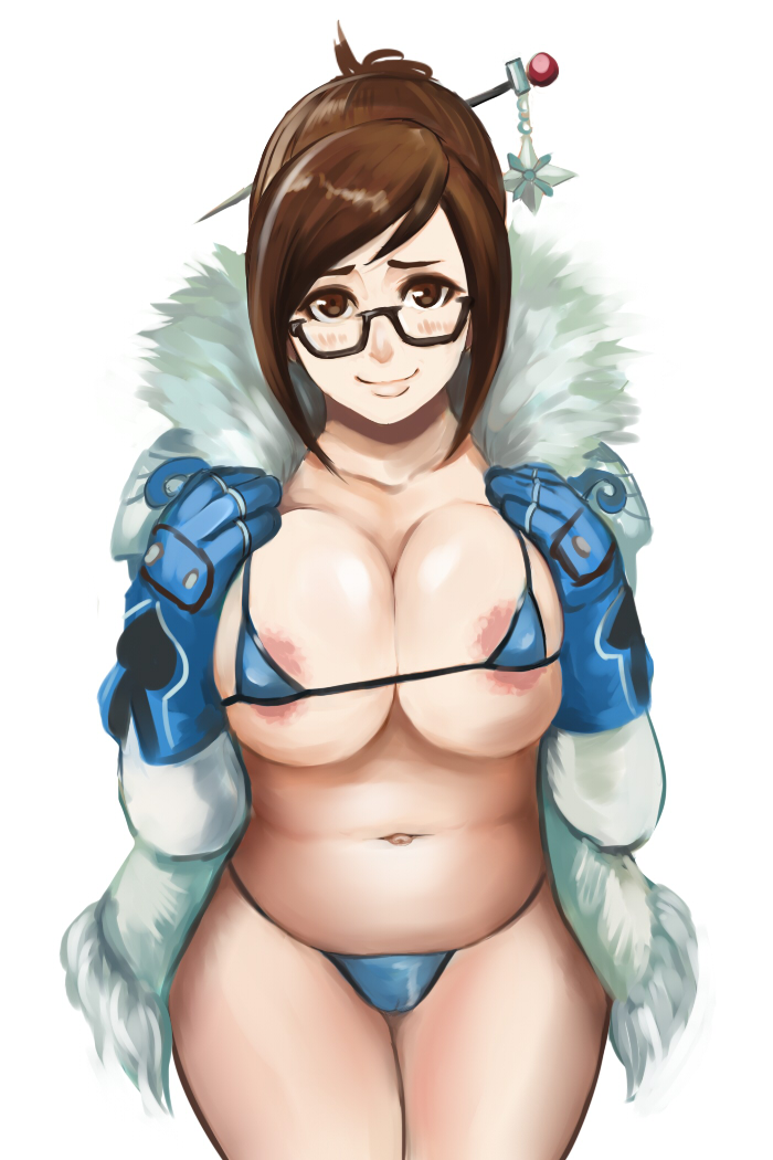 areola slip, areolae, bikini, blush, breast press, breasts, brown eyes, brown hair, cleavage, clothes, eyelashes, eyewear, female, female only, fur trim, glasses, gloves, hair bun, hair ornament, hairpin, huge breasts, human, jacket, long hair, mei (overwatch), micro bikini, micro bikini under clothes, nude, open jacket, overwatch, shibusun, smile, solo, standing, under-rim glasses, white background
