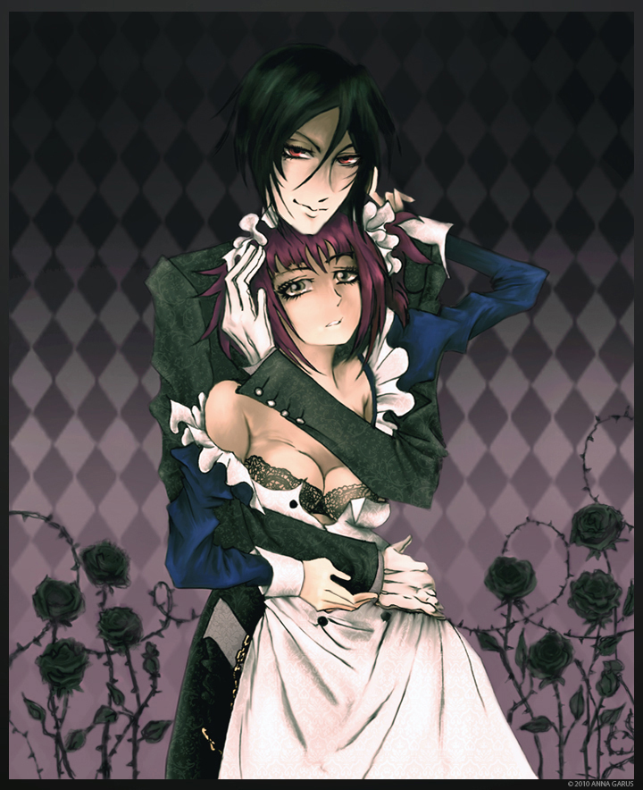 1boy 1girls black_butler black_hair bra breasts brown_eyes clothed dress female gloves kuroshitsuji light_skin looking_at_viewer maid maid_dress maid_headband maid_outfit male purple_hair red_eyes sebastian_michaelis suit tagme