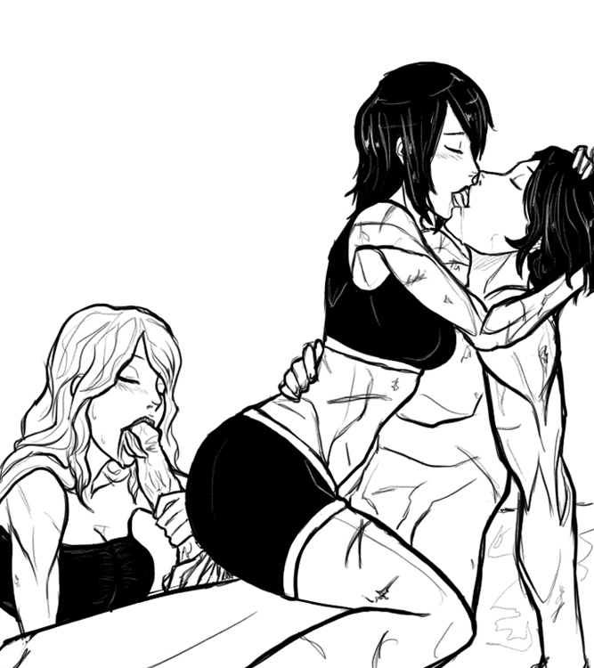 batgirl batman_(series) black_bat cassandra_cain dc dc_comics dick_hammersmith female interracial male male/female monochrome penis red_robin stephanie_brown straight threesome tim_drake