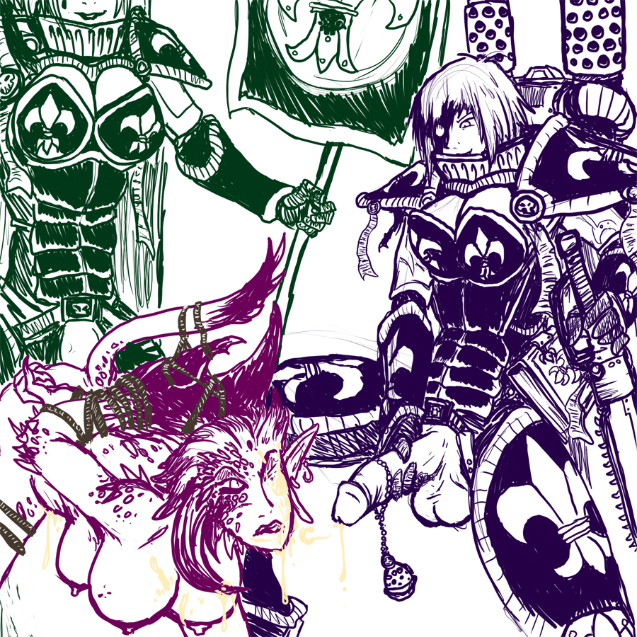 1girls 2futas adepta_sororitas chainsword chaos_(warhammer) chaos_daemon cum cum_on_breasts cum_on_face daemonette female fleatrollus fleur-de-lis futa_on_female futanari imperium_of_man intersex multi_breast power_armor purity_seal sister_of_battle sword warhammer_(franchise) warhammer_40k