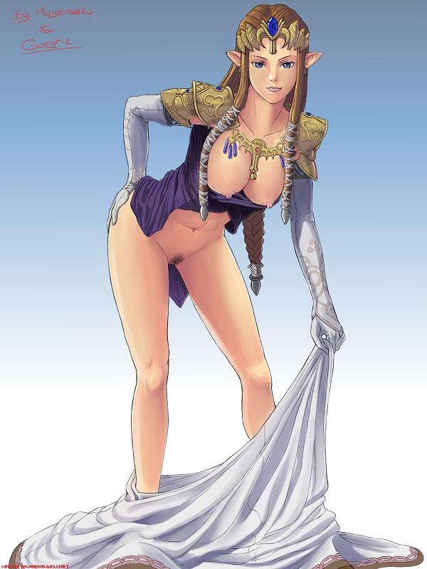 1girls blue_eyes bottomless breasts brown_hair crown elbow_gloves hand_on_hip hips lips looking_at_viewer mugensaku navel nintendo nipples open_clothes open_shirt pointy_ears princess_zelda pubic_hair shirt source_request straight_hair the_legend_of_zelda twilight_princess uncensored undressing zelda_(twilight_princess)