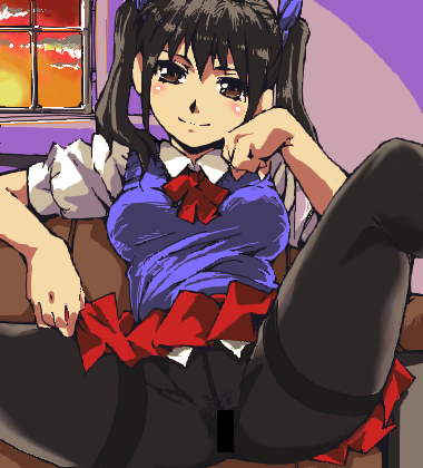 blush brown_eyes censored copyright_request kamisimo_90 legs lowres no_panties oekaki pantyhose pubic_hair pussy school_uniform see-through skirt smile spread_legs tied_hair twintails