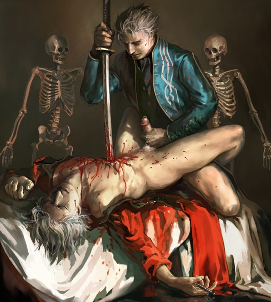 affront_to_nature anal_sex beige_skin bleeding blood blood_stain bloody_sword bottomless brothers buggery clothes color creepy dante devil_may_cry gore guro hair handjob impaled incest injury male pain penis piercing puncture red_blood sex short_hair skeleton sparda stabbing sword underhand_grip vergil weapon white_hair wound yamato yaoi