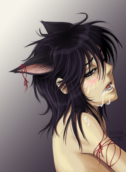 animal_ears black_hair blush cat_ears catboy cum cum_in_mouth male open_mouth profile purple_eyes ribbon simple_background solo yaoi