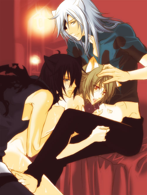 anal animal_ears cat_ears catboy censored eye_patch from_behind group_sex kneeling lamento oral tail threesome yaoi