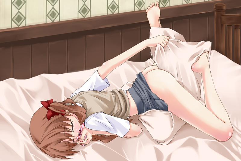 1girls ass barefoot bed bed_sheet blush body_blush brown_hair closed_eyes clothes_sniffing crotch_rub endured_face feet female female_only hair_ribbon iwasaki_takashi lying masturbation mouth_hold no_panties on_stomach panties panties_in_mouth pillow pillow_masturbation pillow_sex ribbon school_uniform sheets shirai_kuroko skirt skirt_around_belly skirt_pull smelling_underwear sniffing_clothes sniffing_panties soles solo spread_legs to_aru_majutsu_no_index toes underwear