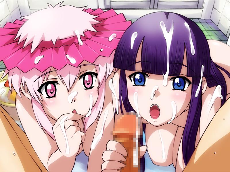 2girls artemis_(tsukuyomi) bathroom censored collaborative_fellatio cum facial fellatio female hair handjob hazuki_(tsukuyomi) long_hair oral penis pink_hair sameha_ikuya sisters teamwork tsukuyomi_moonphase vampire