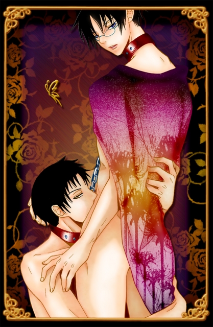 2boys black_hair blue_eyes bondage brown_eyes chains collar doumeki_shizuka glasses hand_on_head nude short_hair tagme watanuki_kimihiro xxxholic yaoi