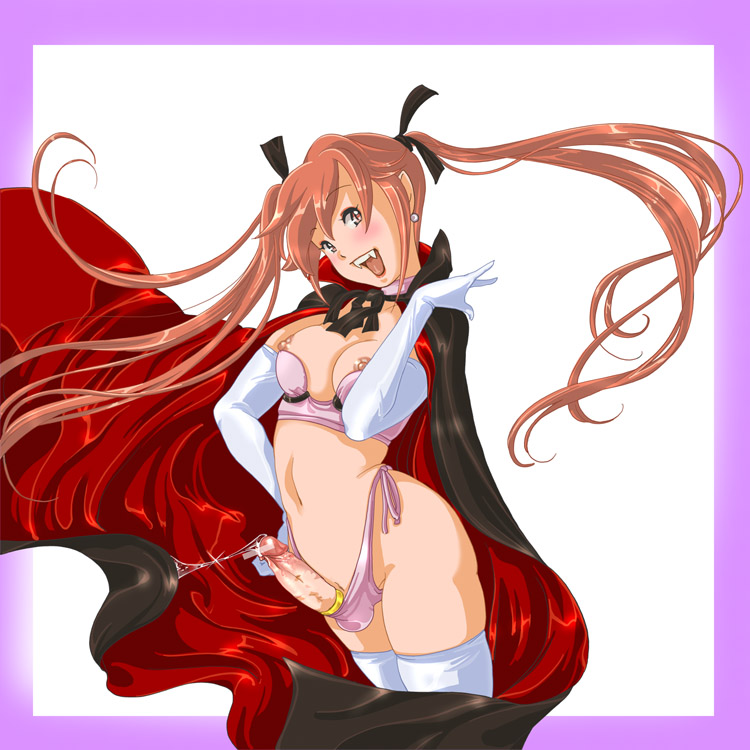 1futa areola balls_in_panties blush cape cleavage cock_ring cum elbow_gloves erect_nipples erection fangs futanari futanari_vampire intersex long_hair midriff nipple_slip nipples penis precum red_hair revealing_clothes ribbon short_twintails solo_futa tied_hair twintails vampire yozora