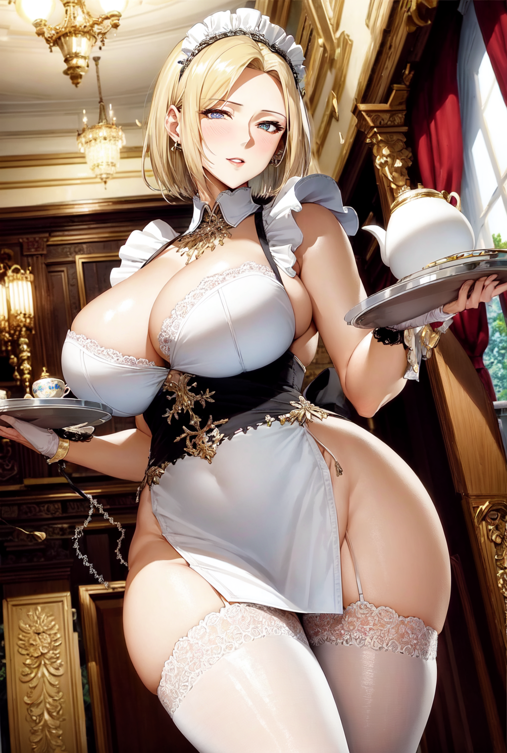 1girls 2023 ai_generated annie_leonhardt apron attack_on_titan blonde_hair blue_eyes cleavage clothed_female female_focus female_only huge_breasts maid maid_collar maid_headdress mansion mature_female milf mouth_open serving_tray short_hair solo_female solo_focus stable_diffusion thick_thighs thighhighs voluptuous_female