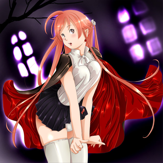 1futa balls balls_in_panties cape cleavage futa_vampire futanari intersex original penis_under_skirt pointy_ears red_hair ribbon skirt skirt_lift solo_futa vampire window yozora