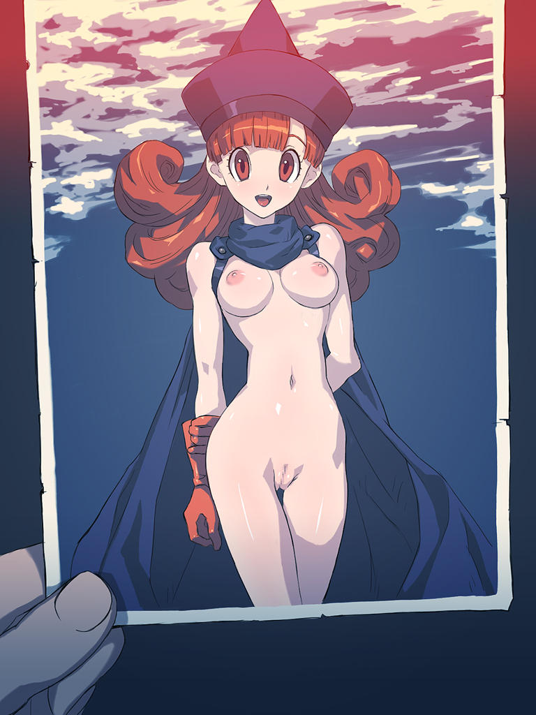 alena_(dq4) arm_grab arms_behind_back bangs bitchen blunt_bangs breasts brown_eyes brown_hair cape casual censored cloud dragon_quest dragon_quest_iv eye_contact female gloves hair hat hips long_hair looking_at_another looking_at_viewer mosaic naked_cape navel nipples nude open_mouth outdoors parted_bangs photo_(object) pov pov_eye_contact public_nudity puffy_nipples pussy red_eyes red_hair shiny shiny_skin sky small_breasts smile thigh_gap thighs wavy_hair wide_hips zenra