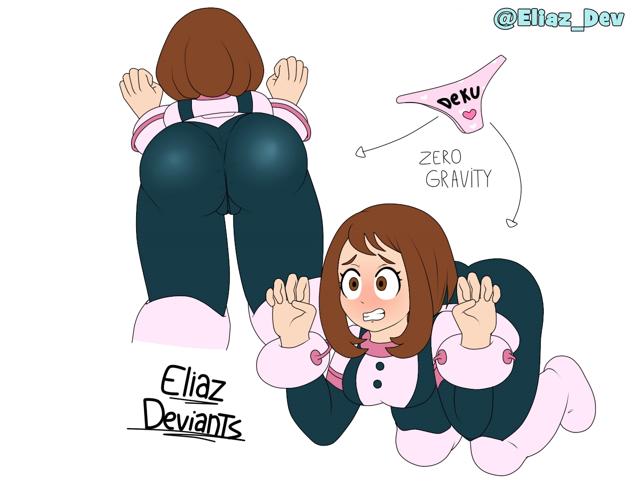 1girls, ass, big ass, big breasts, blush, bodysuit, breasts, brown eyes, brown hair, female, female only, from behind, my hero academia, ochako uraraka, ochako uraraka (hero outfit), short hair, solo, wedgie