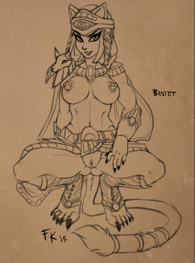 animal_humanoid bastet_(smite) bob_cut cat_humanoid egyptian eyeliner feline female fluff-kevlar humanoid lipstick mammal monochrome nipples presenting pussy smite solo