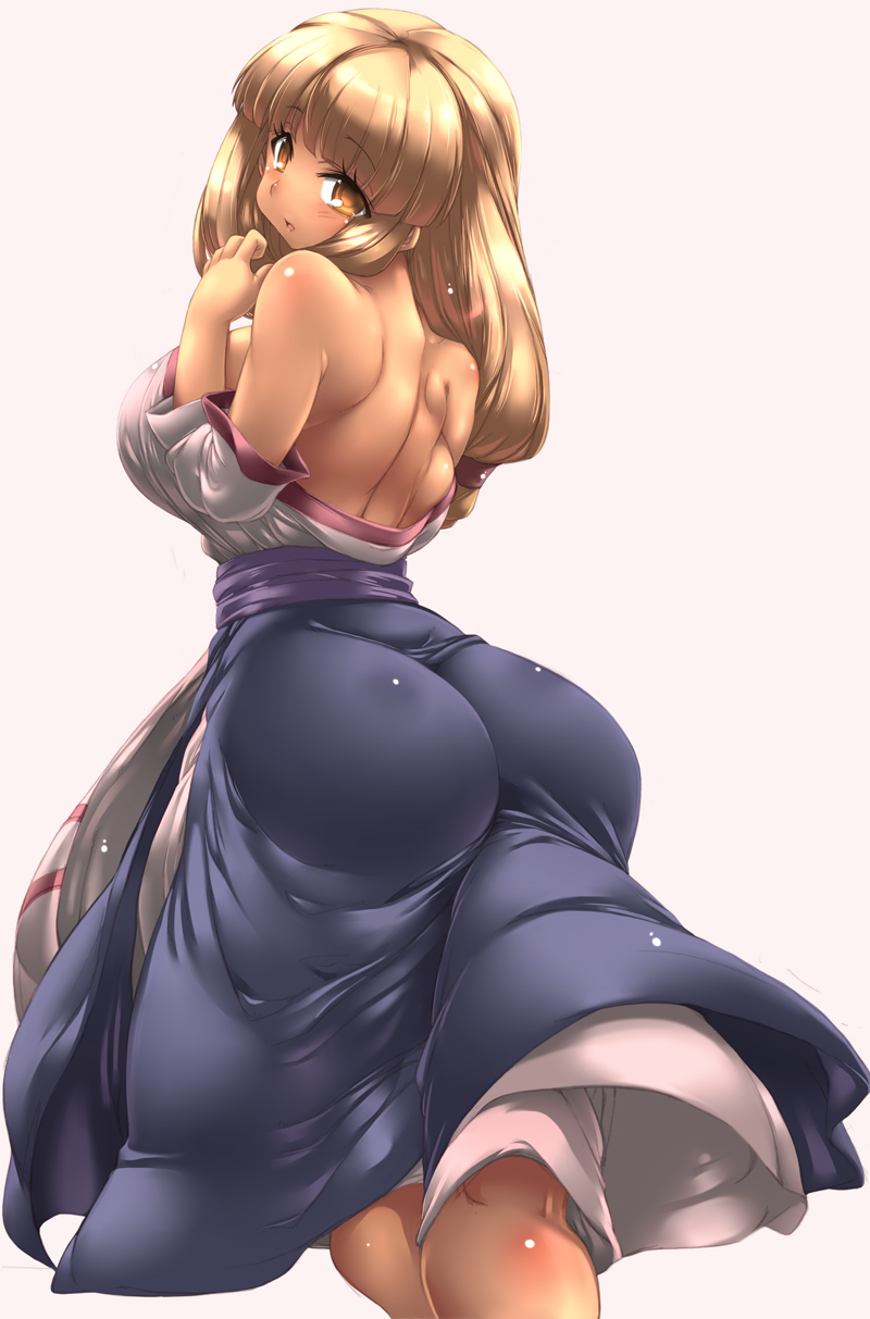 1girls arc_the_lad ass bare_back bare_shoulders blonde_hair breasts dress female female_only from_behind huge_ass huge_breasts large_breasts lieza long_hair looking_back simple_background solo tokyo_(great_akuta) yellow_eyes