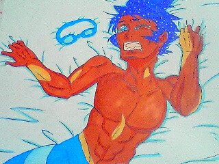 blue_eyes clothes color human lying male male_only marlon_(pokemon) on_back pokemon solo tagme topless wink