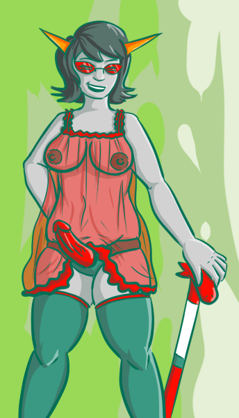 1girls black_hair breasts cane clothing glasses green_background grey_skin homestuck horns leggings ms_paint_adventures nipples short_hair smile snax solo strap-on terezi_pyrope transparent_clothing troll webcomic