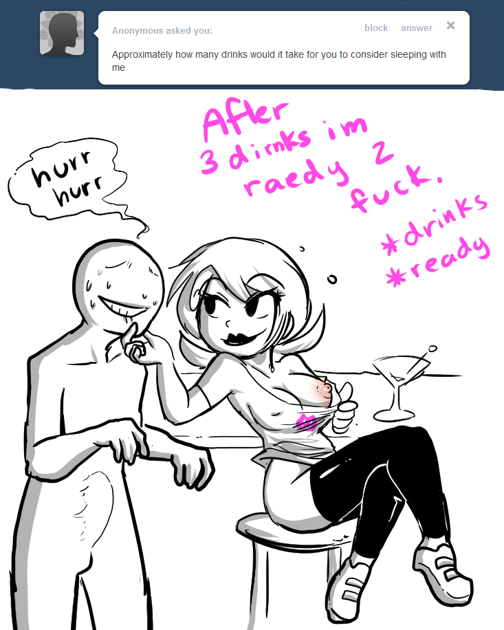 1boy, 1girls, alcohol, anon, anonymous male, biting lip, black lipstick, breasts, bulge, clothing, crablouse, dialogue, drunk, english text, faceless male, female, flashing, homestuck, male, ms paint adventures, nipples, one breast out, roxy lalonde, seductive, short hair, speech bubble, straight, text, webcomic, white background, white hair, white skin