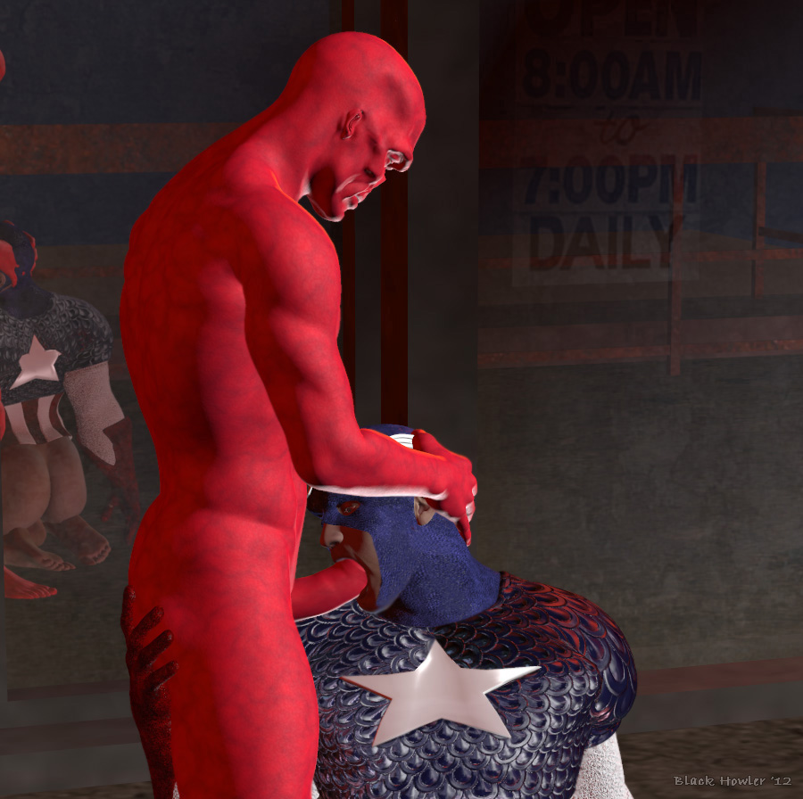 2012 2boys 3d ass ass_grab bald black_howler blue_eyes bottomless captain_america captain_america_(series) fellatio gloves male male_only marvel mask multiple_boys multiple_males muscles nude oral penis red_skin red_skull standing steve_rogers uncensored yaoi