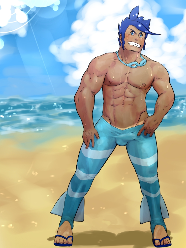 1boy beach bulge clothes color day front_view human male male_only marlon_(pokemon) nipples outdoors pokemon solo standing tagme