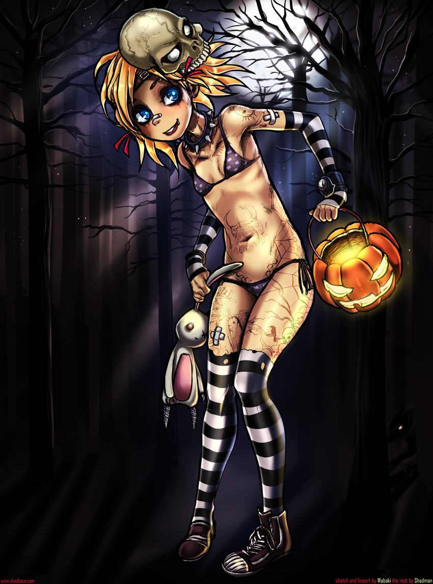 1girls bandaid bikini blonde_hair blue_eyes borderlands borderlands_2 collar detached_sleeves female female_only halloween jack-o'-lantern lip_piercing mask navel piercing shadman skimpy skull sleeves small_breasts smile solo spiked_collar standing stocking striped striped_legwear stuffed_animal tattoo tiny_tina wabaki