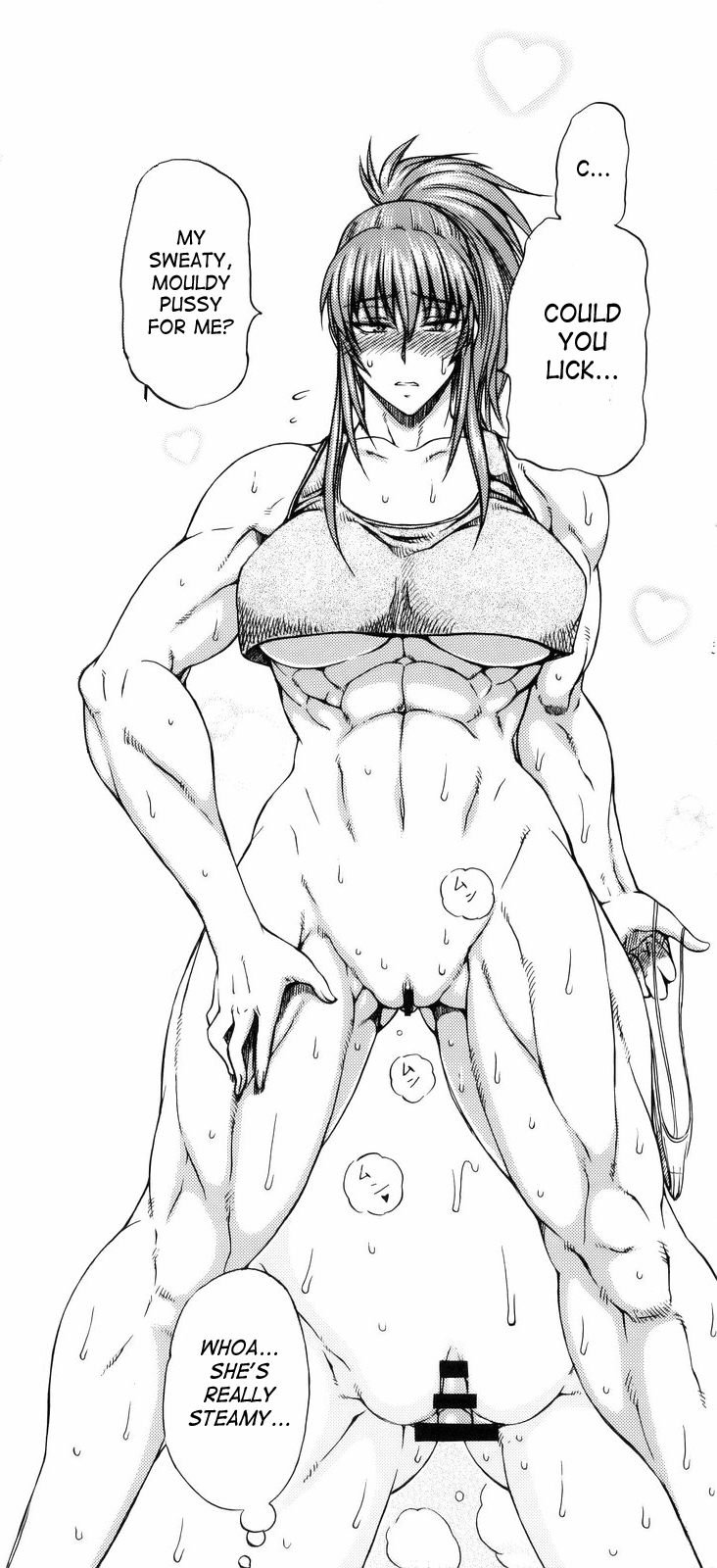 abs bangs biceps blush bottomless breasts censored clitoris dialogue english_text female female_only hairless_pussy heart highres human inviting king_of_fighters large_breasts leona_heidern long_hair monochrome muscles muscular_female panties_removed ponytail pussy shd solo speech_bubble standing straight tank_top text thong thought_bubble tied_hair underboob