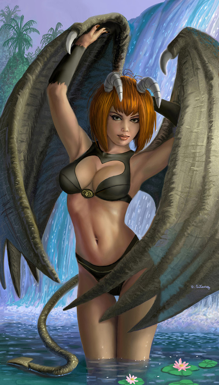 1girls alan_guiterrez black_eyes bob_cut clothed clothed_female clothes clothing female female_only fully_clothed monster_farm monster_girl orange_hair pixie pond pose redhead revealing_clothes river short_hair solo succubus uncensored waterfall