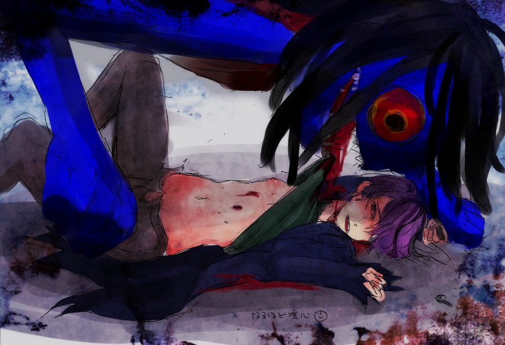 androgynous blood garry hair_over_one_eye human ib imminent_rape interspecies japanese_text male male_focus monster nipples open_clothes open_mouth partially_clothed purple_hair short_hair skirt_lift translation_request