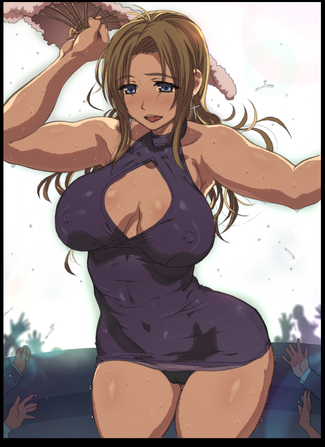 audience bare_shoulders black_panties blonde_hair blue_eyes breasts cameltoe curvy dagashi_(place) dancing dress erect_nipples fan female kamimura_akiko large_breasts long_hair miniskirt multiple_boys no_bra open_mouth panties pantyshot sisters_~natsu_no_saigo_no_hi~ skirt standing sweat tongue