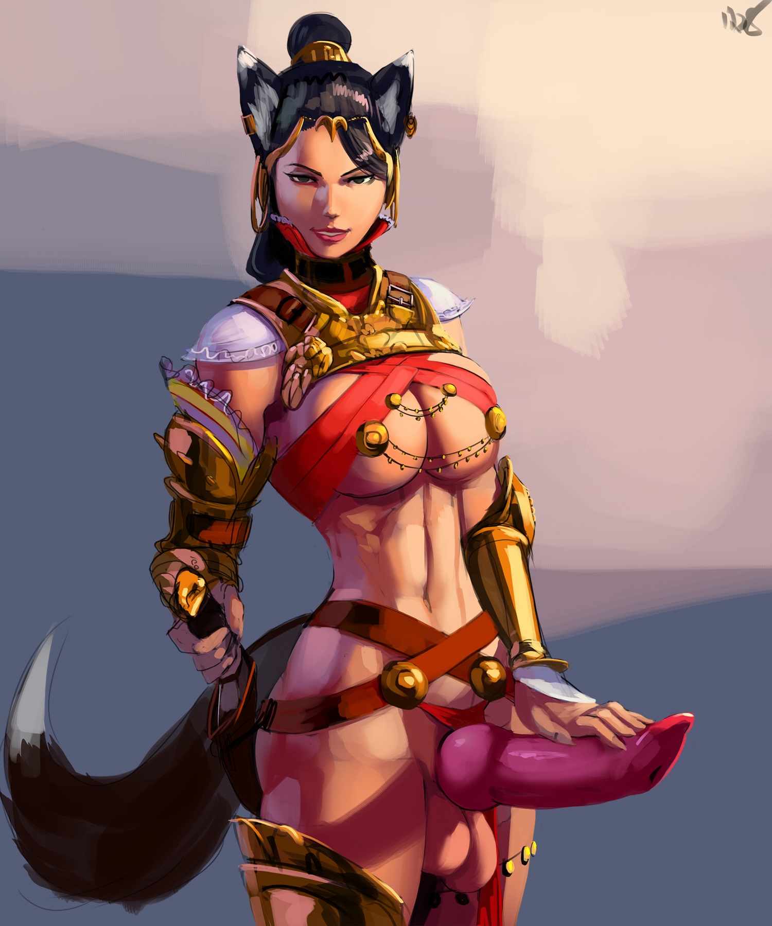 1futa, aka6, animal ears, animal genitalia, animal genitalia on humanoid, armor, balls, black hair, breasts, canine penis, canine penis on humanoid, futa only, futanari, human with animal genitalia, intersex, knot, large penis, penis, solo, tail, testicles