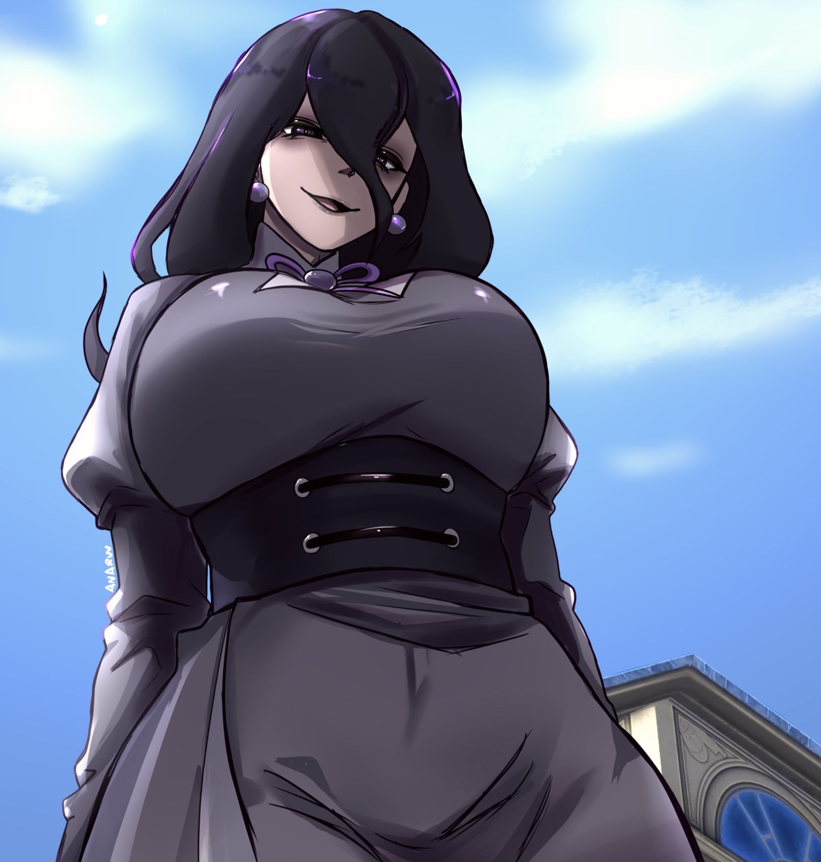 10/10 game hex maniac redraw (meme), 1girls, 2025, anaru, big breasts, breasts, building, female, female only, first person view, fully clothed, game freak, happy, hex maniac, hex maniac (pokemon legends: z-a), huge breasts, lips, lipstick, long hair, looking at viewer, looking down at viewer, mature, mature female, mature woman, milf, nintendo, outdoors, pokemon, pokemon legends: z-a, purple eyes, redraw, sfw, smile, solo, solo female, urban, wide hips