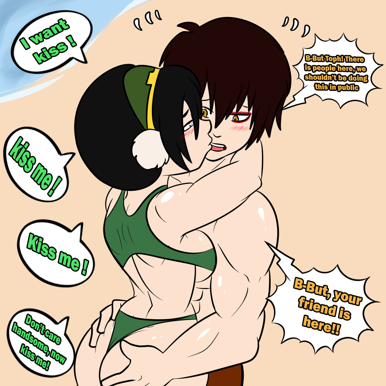 1boy, 1girls, aged up, assertive female, avatar legends, avatar the last airbender, big ass, big breasts, bikini, black hair, blush, breast press, breasts, brown hair, bubble butt, earth kingdom, embrace, fat ass, female, fire nation, grabbing ass, hair accessory, hair band, hair bun, holding ass, hug, hugging, kissing, male, male/female, nervous, soulyagami64, straight, teasing, thick ass, thong bikini, tomboy, toph bei fong, upper body, wanting sex, zuko