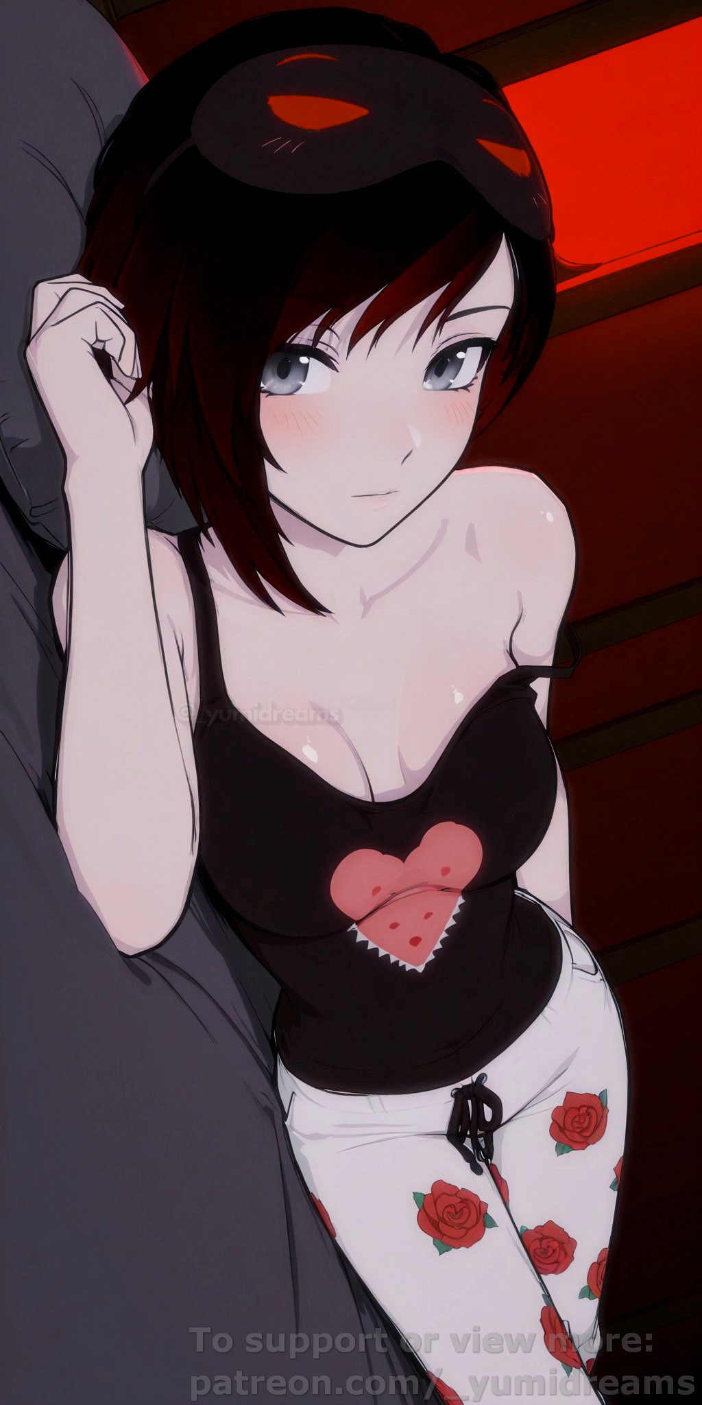  yumidreams, accurate art style, ai generated, bangs, bare shoulders, black hair, black tank top, blush, breasts, female, female only, grey eyes, heart, looking at viewer, mask on head, medium breasts, multicolored hair, on bed, on side, pajamas, pale skin, patreon username, petite, red hair, ruby rose, rwby, short hair, sleep mask, strap slip