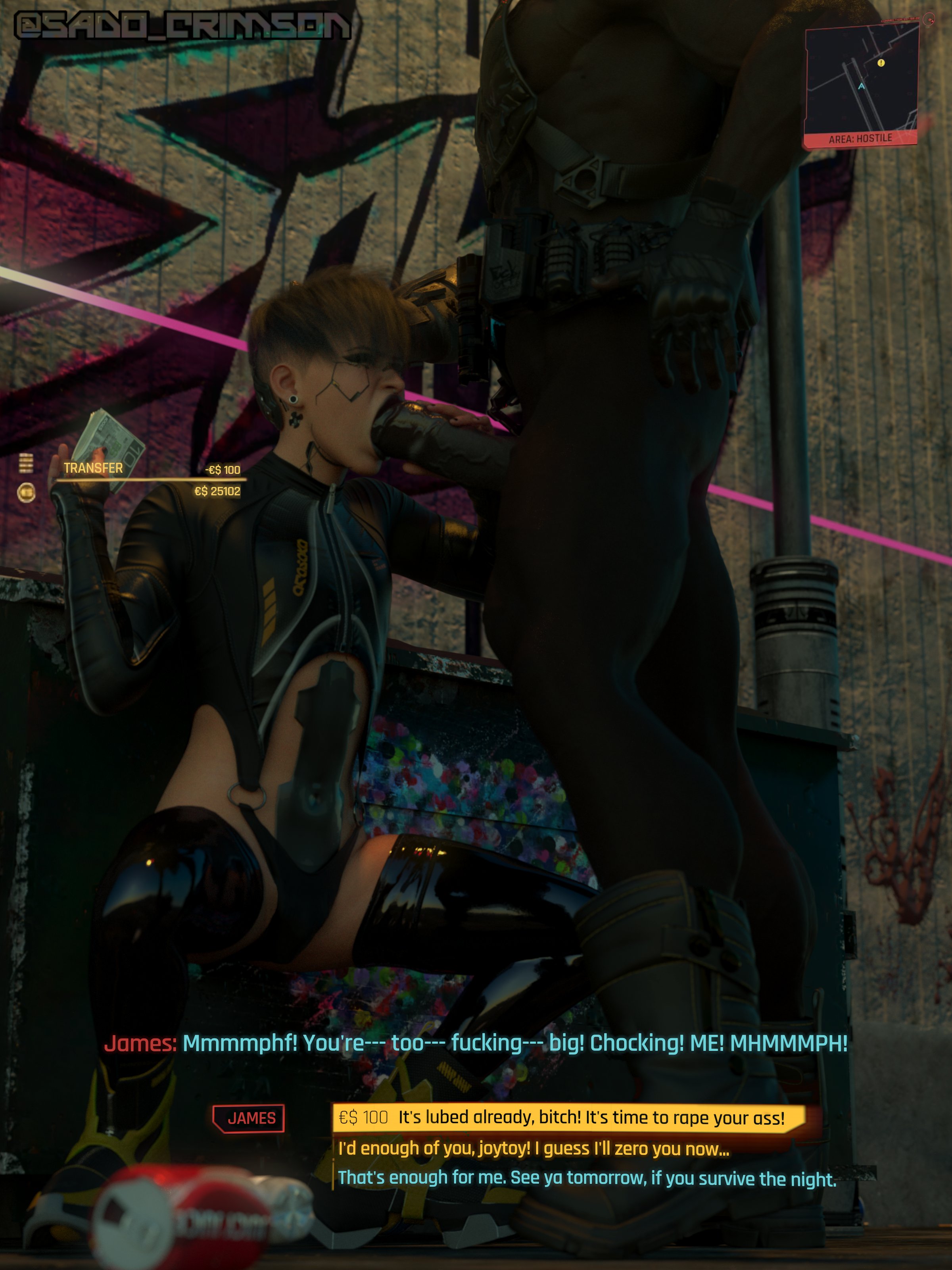 2boys, 3d, big penis, black hair, blowjob, crossdressing, cyberpunk (series), cyberpunk 2077, dark penis, dark-skinned male, dialogue, femboy, gay, interracial, latex stockings, legwear, mac (sadocrimson3d), makeup, male, male only, money, penis, prostitution, sadocrimson3d, short hair, sissy, stockings, sucking penis, text, text on body, tight clothing, trash can, yaoi