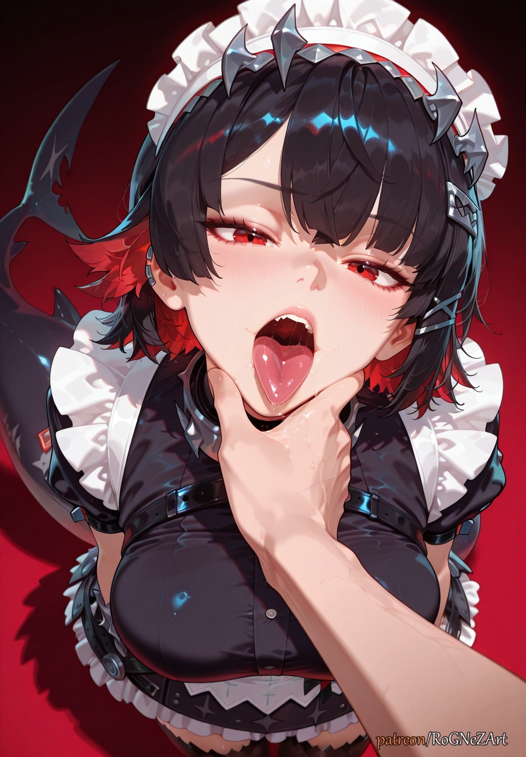 1boy, 2025, ai generated, animal tail, bangs, black hair, blush, breasts, cleavage, close up, close up face, close up view, close-up, closeup, closeup view, dress, ellen joe, eye contact, face close up, face close-up, face closeup, face focus, female, female focus, flushed, hair accessory, hair ornament, hand on another's chin, highres, hoyoverse, huge breasts, large breasts, looking at viewer, maid, maid headdress, male, mihoyo, moaning, mouth close up, mouth close-up, mouth closeup, multicolored hair, open mouth, open mouth tongue out, open mouth tongue-out, patreon, piercing, pov, red background, red eyes, red hair, rognezart, saliva, short hair, short sleeves, solo, solo focus, tail, teeth, thighhighs, tongue, tongue out, tongue out open mouth, two-tone hair, uvula, zenless zone zero
