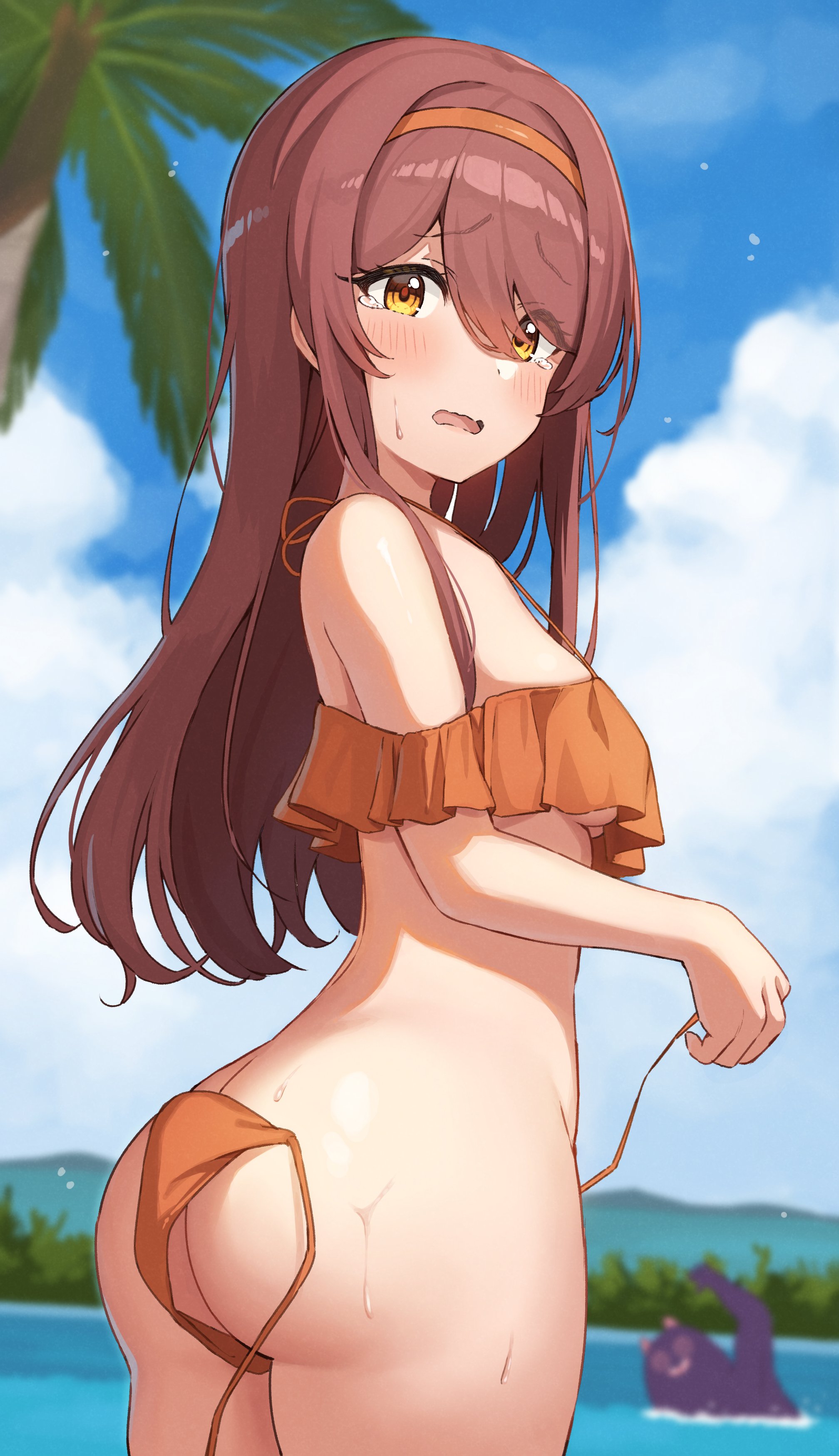 absurdres, ass, bikini, blue sky, blurry, blurry background, blush, breasts, butt crack, cloud, cloudy sky, cowboy shot, day, debi tarou, dot nose, female, from side, hair between eyes, hairband, highres, idolmaster, idolmaster shiny colors, long hair, looking at viewer, looking back, mountainous horizon, open clothes, open mouth, osaki tenka, outdoors, palm tree, raised eyebrows, sky, strap gap, string bikini, swimsuit, tearing up, tree, twisted torso, underboob, untied bikini, wanimaru, wardrobe malfunction, water, wet