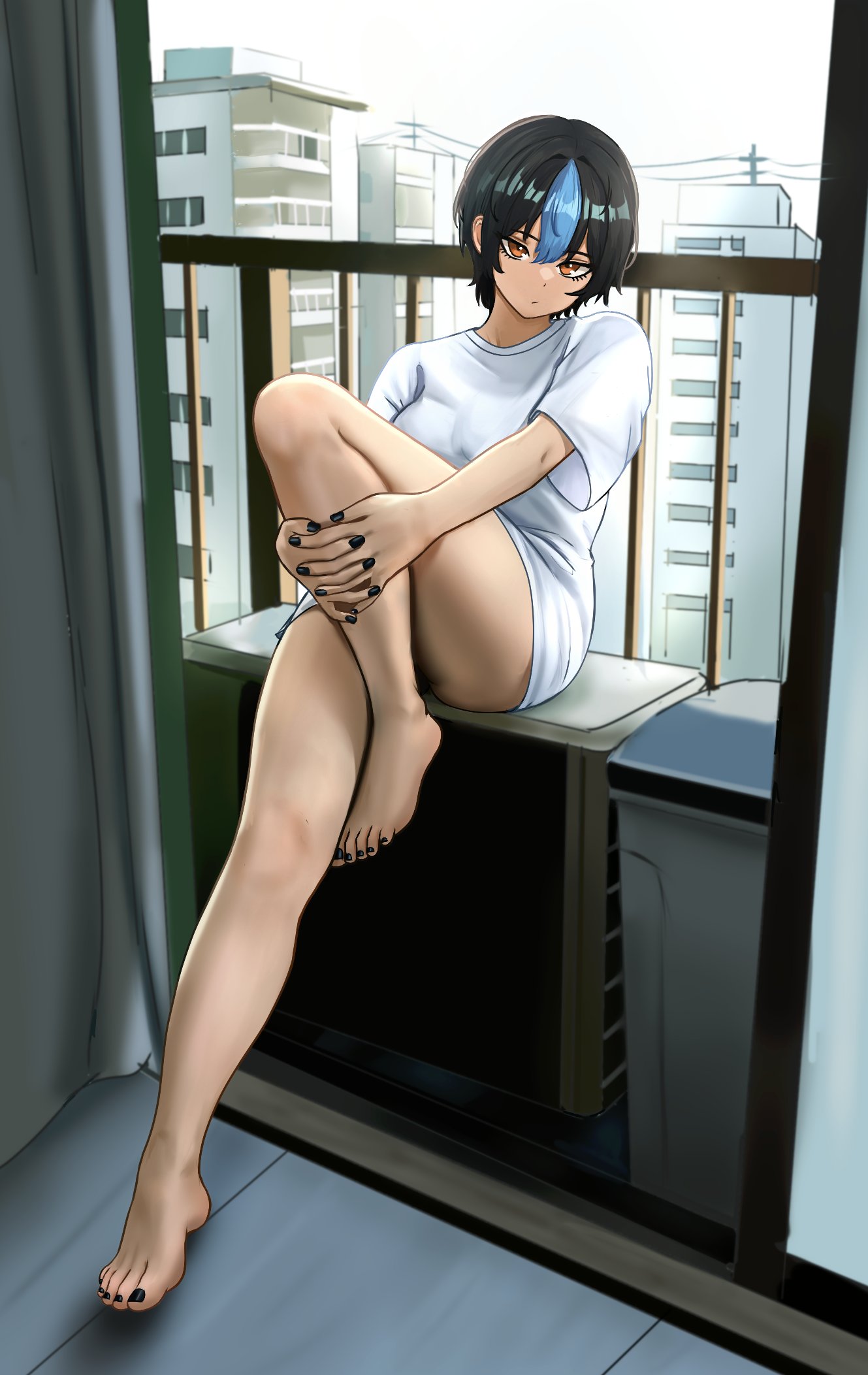 barefoot, black fingernails, black nails, black toenails, feet, female, legs, looking at viewer, nihu, no pants, original character, short hair, thick thighs, thighs, toes, tomboy