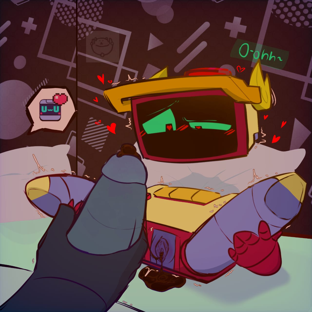 2boys, 8-bit (brawl stars), after sex, after vaginal, blush, brawl stars, creampie, cum, cum in pussy, cum inside, cuntboy, duo, gay, heart, intersex, male, male only, male/male, presenting, presenting pussy, pussy, r-t (brawl stars), robot, spread legs, supercell, tagme, text, unusual cum