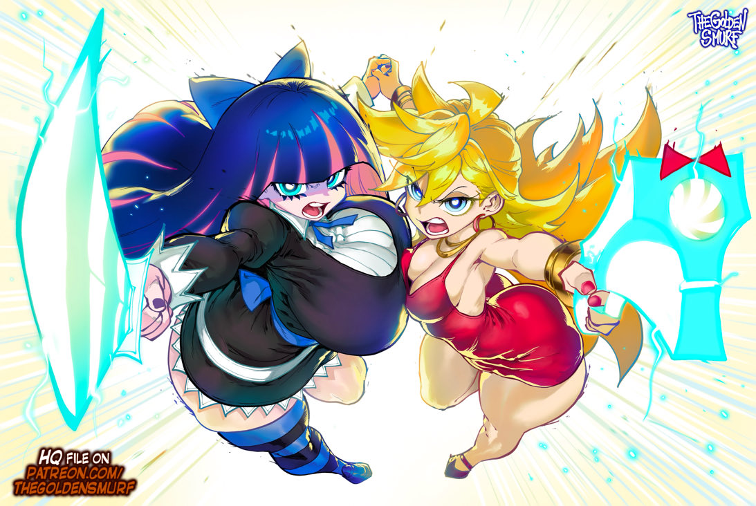 2girls, aqua eyes, ass, asymmetrical docking, big breasts, blonde hair, blue eyes, blue hair, bracelet, breast press, breasts, cleavage, clothing, curvy, earrings, fat breasts, female, female focus, firearm, full body, gun, hair ribbon, handgun, hoop earrings, huge breasts, human, jewelry, long hair, looking at viewer, medium breasts, multicolored hair, multiple females, multiple girls, nail polish, necklace, pale skin, panty & stocking with garterbelt, panty anarchy, pink hair, ribbon, siblings, sisters, skindentation, stocking anarchy, sword, thegoldensmurf, thick thighs, thighhighs, thighs, two-tone hair, weapon, weapon over shoulder