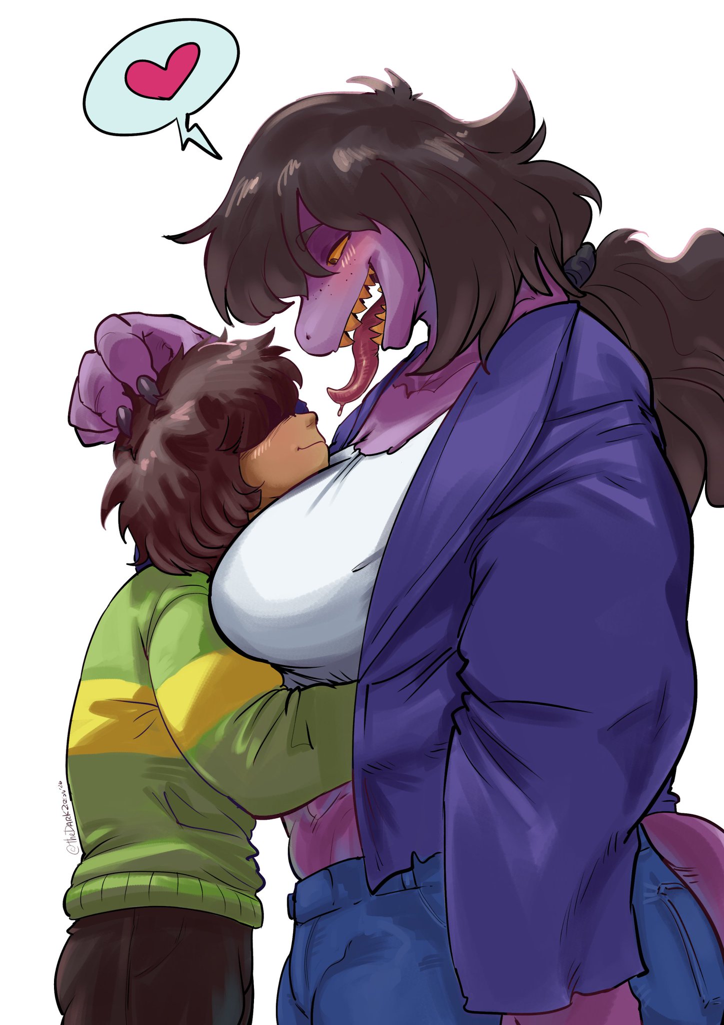 2026, 2d, anthro, artist signature, biceps, big ass, boobs bigger than head, breasts, buff, deltarune, dialogue bubble, freaky, furry, furry female, hair between eyes, hugging, human, kris (deltarune), long hair, male, muscles, muscular, muscular female, questionable, reptile, simple background, smaller male, suggestive, suggestive gesture, suggestive look, susie (deltarune), tail, taller female, thedarkzircon, tongue, tongue out, twitter link, undertale (series), valentine's day