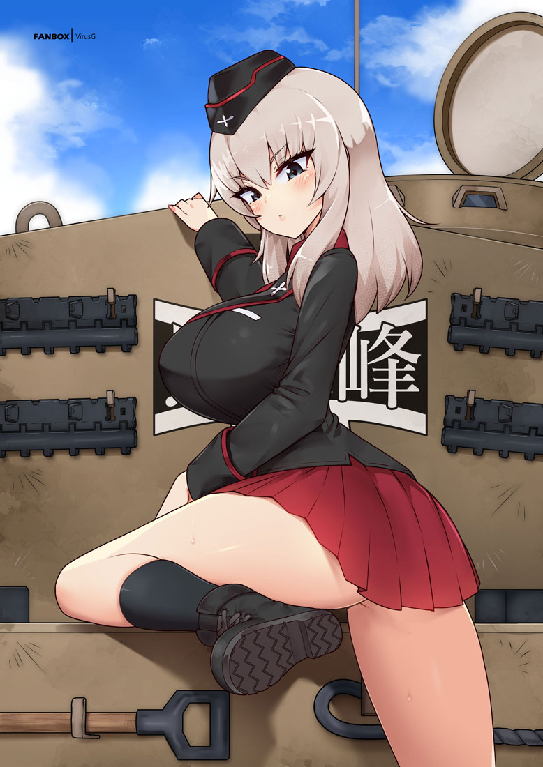 1girls, ass, big breasts, black shirt, blue eyes, blush, boots, breasts, breasts bigger than head, clothed, female, female only, german female, gigantic breasts, girls und panzer, itsumi erika, red skirt, school uniform, schoolgirl, skirt, solo, tank, teenager, thick thighs, thighs, tiger tank, virus-g, voluptuous, white hair, white skin