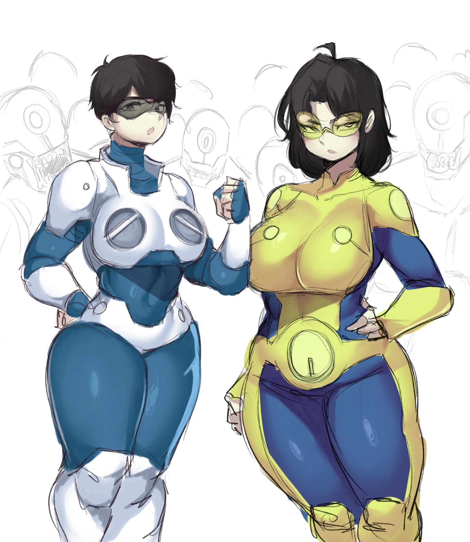 2girls, bodysuit, breasts, bulletproof mark (invincible), female, female focus, femvincible, flaxan mark (invincible), imminent sex, invincible, invincible (tv series), large breasts, light skin, light-skinned female, maimeetung, male, mark grayson, multiple boys, multiple males, rule 63, thick thighs, thighs, wide hips