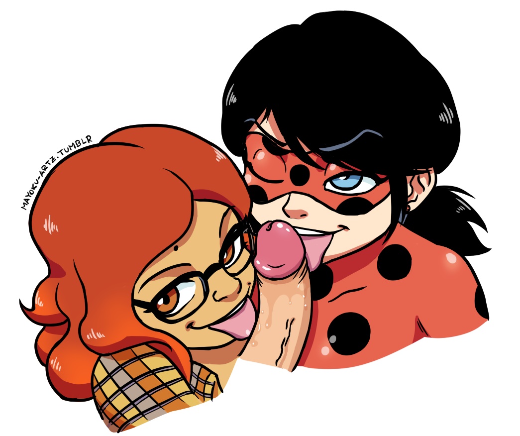 2d 2d_(artwork) 2girls alya_cesaire artist_name black_hair blue_eyes brown_eyes collaborative_fellatio costume double_fellatio eye_mask fellatio female female_focus ffm_threesome glasses ladybug_(character) licking licking_penis marinette_dupain-cheng mayoku miraculous:_tales_of_ladybug_and_cat_noir miraculous_ladybug one_eye_closed penis penis_lick pigtails red_hair saliva straight superheroine threesome tied_hair tongue tongue_out