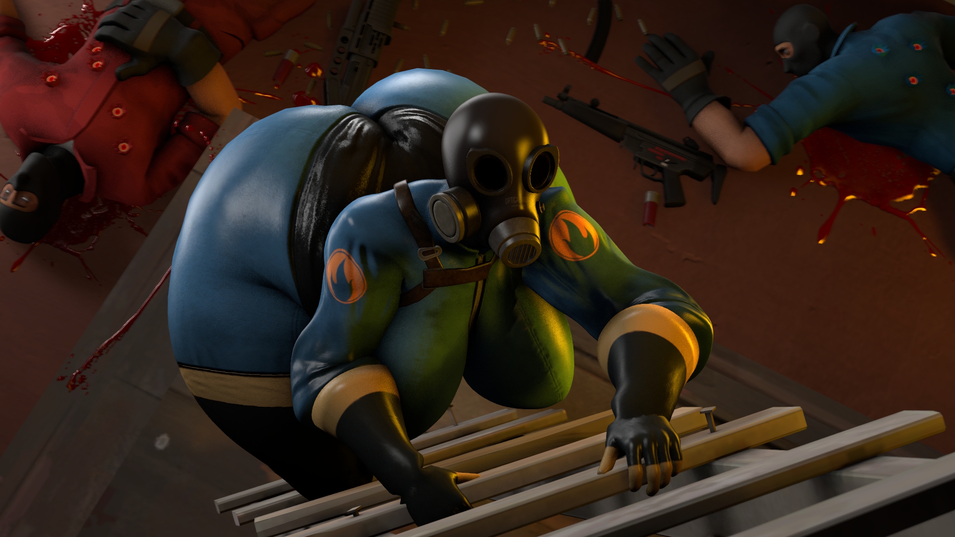 1girls, 2boys, 3d (artwork), 3d model, ass, ass bigger than head, big ass, big breasts, blood splatter, bottom heavy, branimation, breasts, bullet wound, bullets, climbing, corpse, death, female, female focus, fempyro, from above, gasmask, hourglass figure, ladder, latex suit, looking at viewer, male, male death, male ryona, masked female, mercenary (character), sfm, solo, solo female, source filmmaker, team fortress 2, wide hips