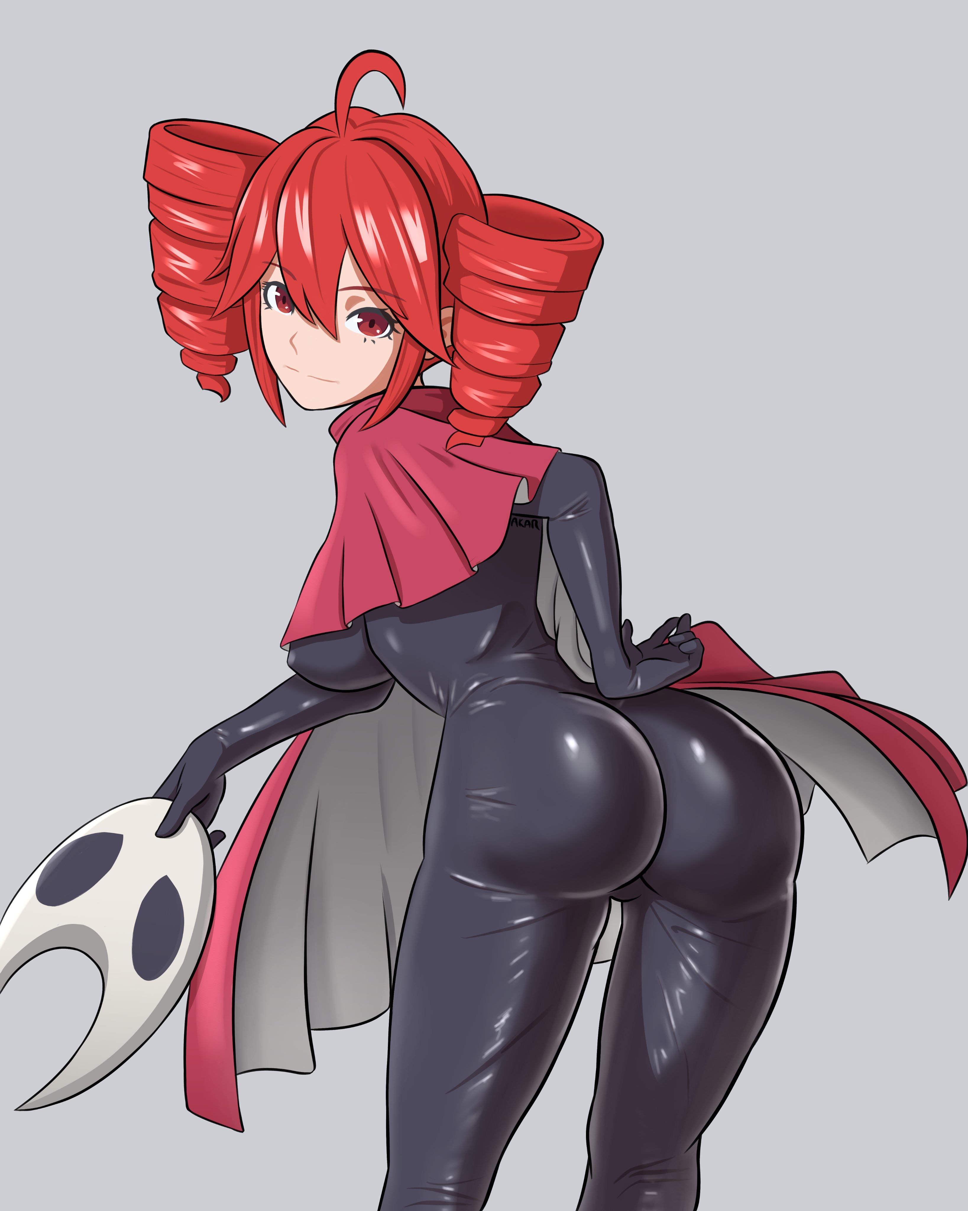 1girls, 2d, 2d (artwork), ahoge, arched back, ass, back, back view, bending forward, big ass, big breasts, big thighs, bodysuit, breasts, bubble butt, cloak, cosplay, costume, curvaceous, curvy, curvy female, curvy figure, erect nipples, erect nipples under clothes, fat ass, female, female only, grey background, hand on ass, hand on own ass, hornet (hollow knight) (cosplay), huge ass, kasane teto, large ass, large breasts, large thighs, latex, latex bodysuit, latex suit, leaning forward, looking at viewer, looking back, mask, nipple bulge, nipples, petite, petite body, petite female, red eyes, red hair, shechtfilm, shiny clothes, simple background, skinny, skinny female, skintight, slim female, slim waist, smile, solo, solo female, sticking ass out, thick thighs, thighs, tight clothing, twin drills, utau, wide hips