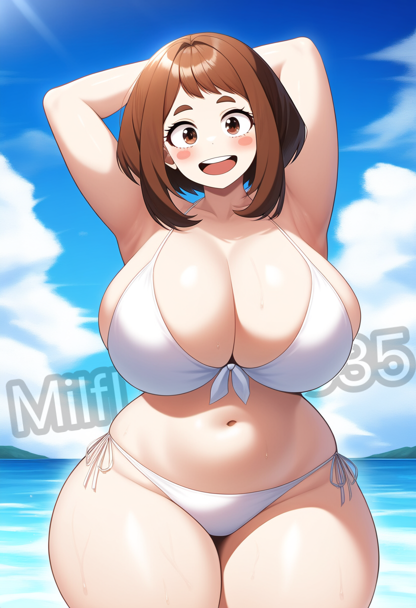 1girls, ai generated, big breasts, bikini, boku no hero academia, breasts, brown hair, brown hair female, brunette female, brunette hair, female, female focus, female only, large boobs, large breasts, light skin, light-skinned female, looking at viewer, milflover5335, my hero academia, ochako uraraka, solo, solo female, solo focus, swimsuit, swimwear, thick thighs, thighs, uraraka ochako, white bikini