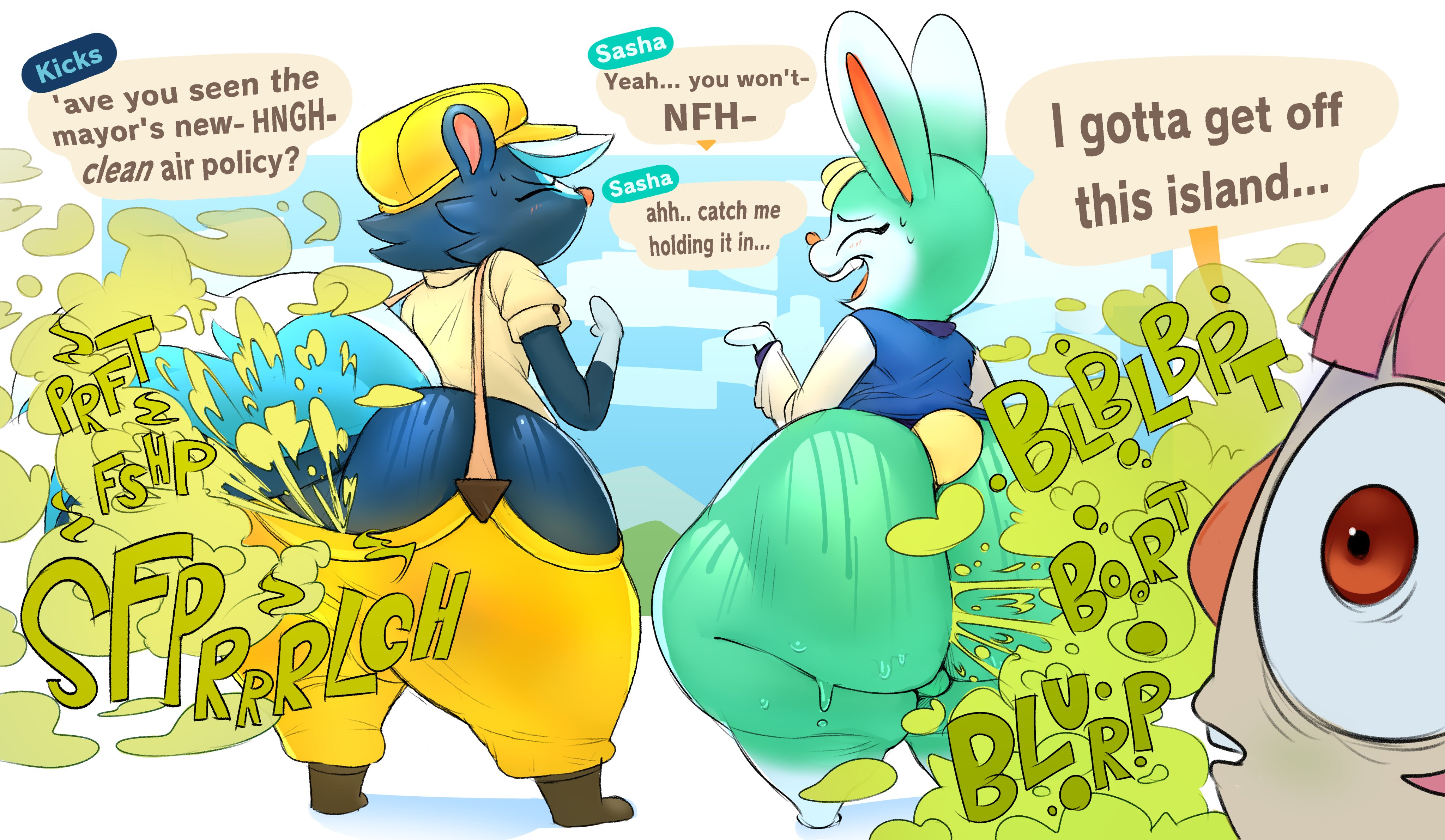 2boys, 2d, ambiguous gender, animal crossing, animal crossing new horizons, ass, ass focus, balls, ballsack, bare thighs, big ass, big butt, blush, bulge, bunny, butt, closed eyes, clothing, english text, fart, fart cloud, fart fetish, fart focus, farting, farting together, fat ass, fat butt, fat thighs, femboy, furry, furry male, girly, green fart cloud, hat, headwear, huge ass, huge butt, huge thighs, humanoid, iamapoliceman, kicks (animal crossing), lagomorph, male, male fart, male focus, nintendo, no sex, nonhuman, onomatopoeia, overalls, overalls only, rabbit, sasha (animal crossing), skunk, skunk fart, skunk tail, standing, straining, swamp ass, sweat, sweaty, sweaty ass, sweaty butt, tail, talking to another, text, thick thighs, thighs, villager (animal crossing), yellow fart cloud