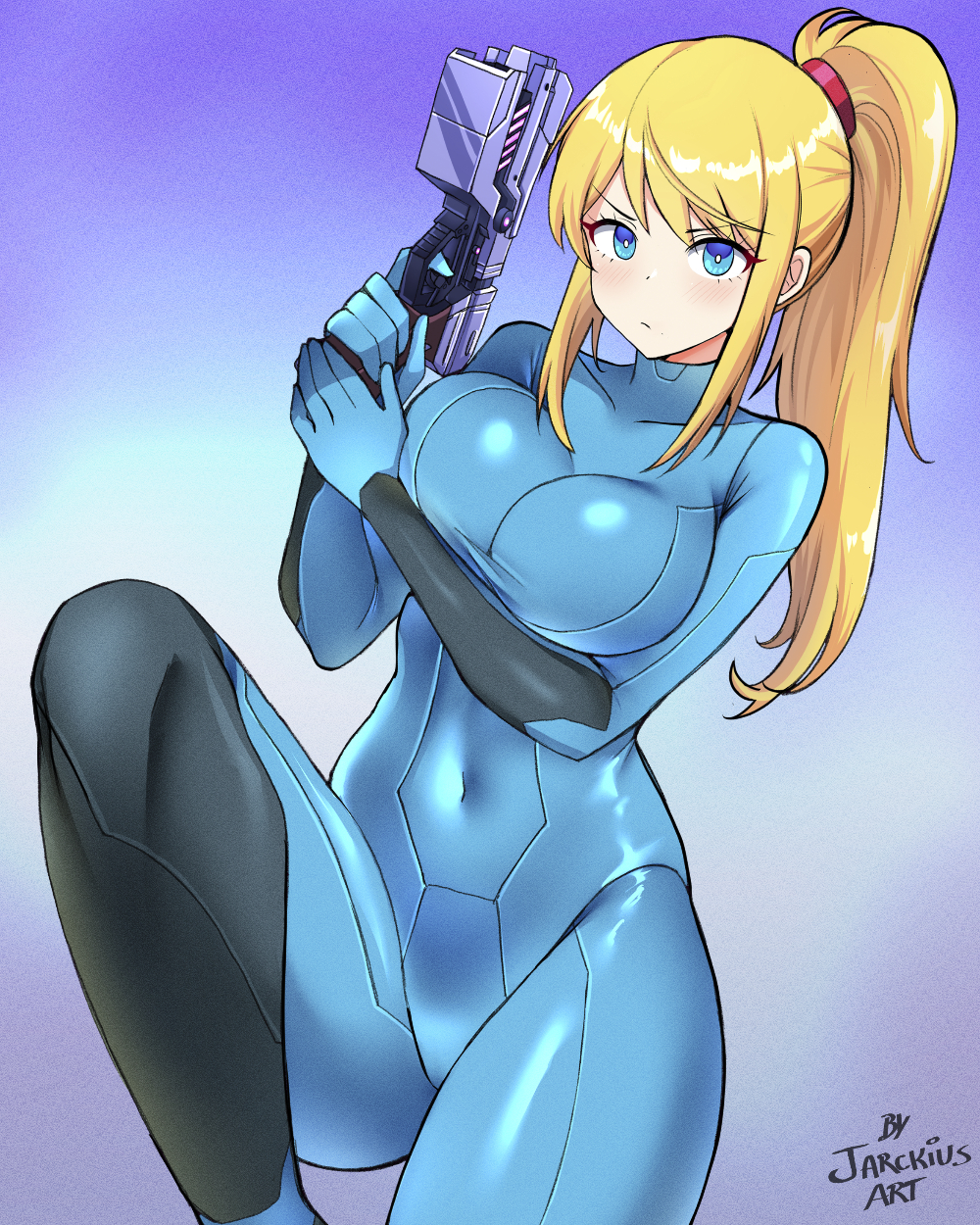 1girls, arm under breasts, artist name, blonde hair, blue bodysuit, blue eyes, blue skirt, blush, bodysuit, breasts, bright pupils, closed mouth, commentary, covered collarbone, covered navel, dot nose, female, female only, finger on trigger, frown, fully clothed, gloves, gradient background, gun, hair tie, hair up, handgun, hands up, high ponytail, highres, holding, holding gun, holding weapon, jarckius, knee up, large breasts, looking at viewer, metroid, nintendo, own hands together, paralyzer, parted bangs, ponytail, samus aran, scowl, shiny clothes, sidelocks, signature, skin tight, skirt, solo, straight hair, swept bangs, taut bodysuit, taut clothes, tight clothing, turtleneck, turtleneck bodysuit, v-shaped eyebrows, weapon, white pupils, zero suit, zero suit samus