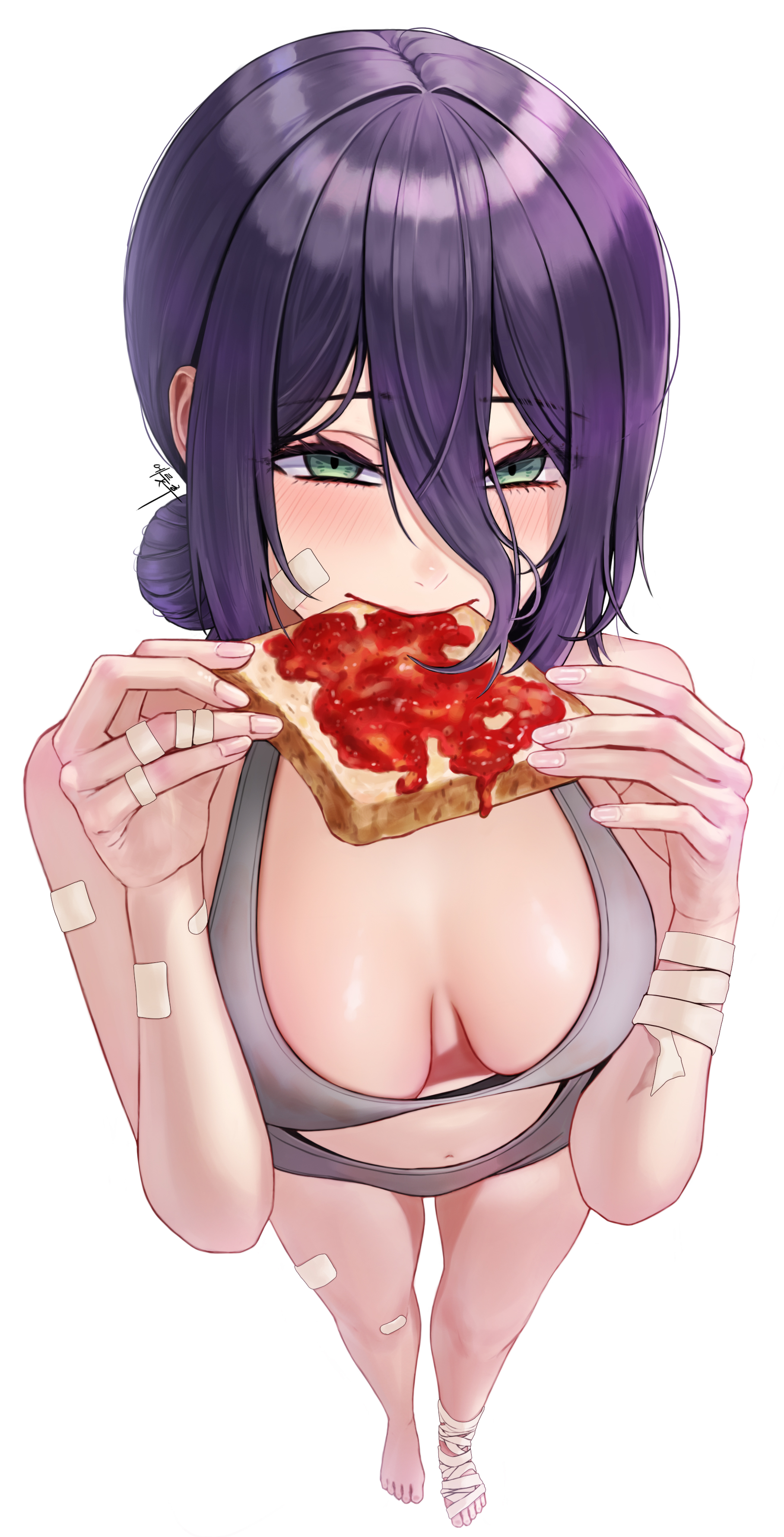 absurdres, bandaged foot, bandages, bandaid, bandaid on arm, bandaid on cheek, bandaid on face, bandaid on finger, bandaid on hand, bandaid on leg, blush, bread, bread slice, breasts, breasts apart, chainsaw man, eating, eruthu, feet, female, food, food in mouth, full body, green eyes, hashtag-only commentary, highres, looking at viewer, navel, purple hair, reze (chainsaw man), simple background, solo, toast, toes, underwear, underwear only, white background
