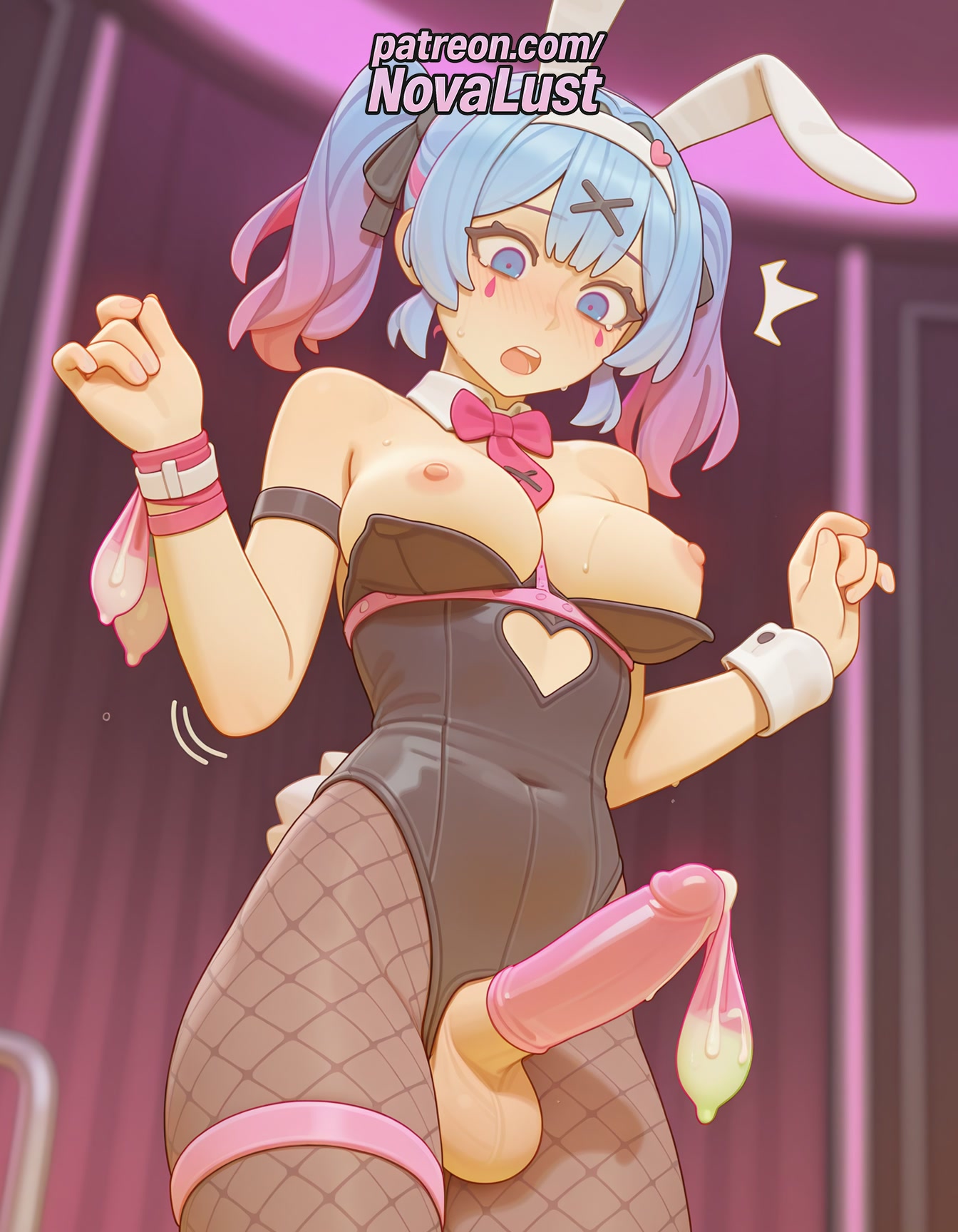 1futa, 1girl, 2025, ai generated, animal ears, artist name, balls, bangs, bare shoulders, black leotard, blue eyes, blue hair, blurry, blurry background, blush, bow, bowtie, breasts, breasts out, bust, chest, cock, condom, condom on penis, covered navel, cowboy shot, cum, curtains, detached collar, dick, erection, exposed nipples, facial mark, fake animal ears, fishnet legwear, fishnet pantyhose, fishnets, futanari, hair ornament, hairband, hatsune miku, heart, hi res, high quality, high resolution, highres, holding, indoors, intersex, large breasts, leotard, looking down, medium breasts, multicolored hair, nipples, nipples outside, novalust, open mouth, pantyhose, patreon, patreon username, penis, pink bow, pink bowtie, pink hair, pink leotard, playboy bunny, rabbit ears, rabbit hole (vocaloid), rabbit tail, solo, stable diffusion, standing, strapless, strapless leotard, tail, testicles, thigh strap, twintails, uncensored, used condom, vocaloid, watermark, wrist cuffs, x hair ornament
